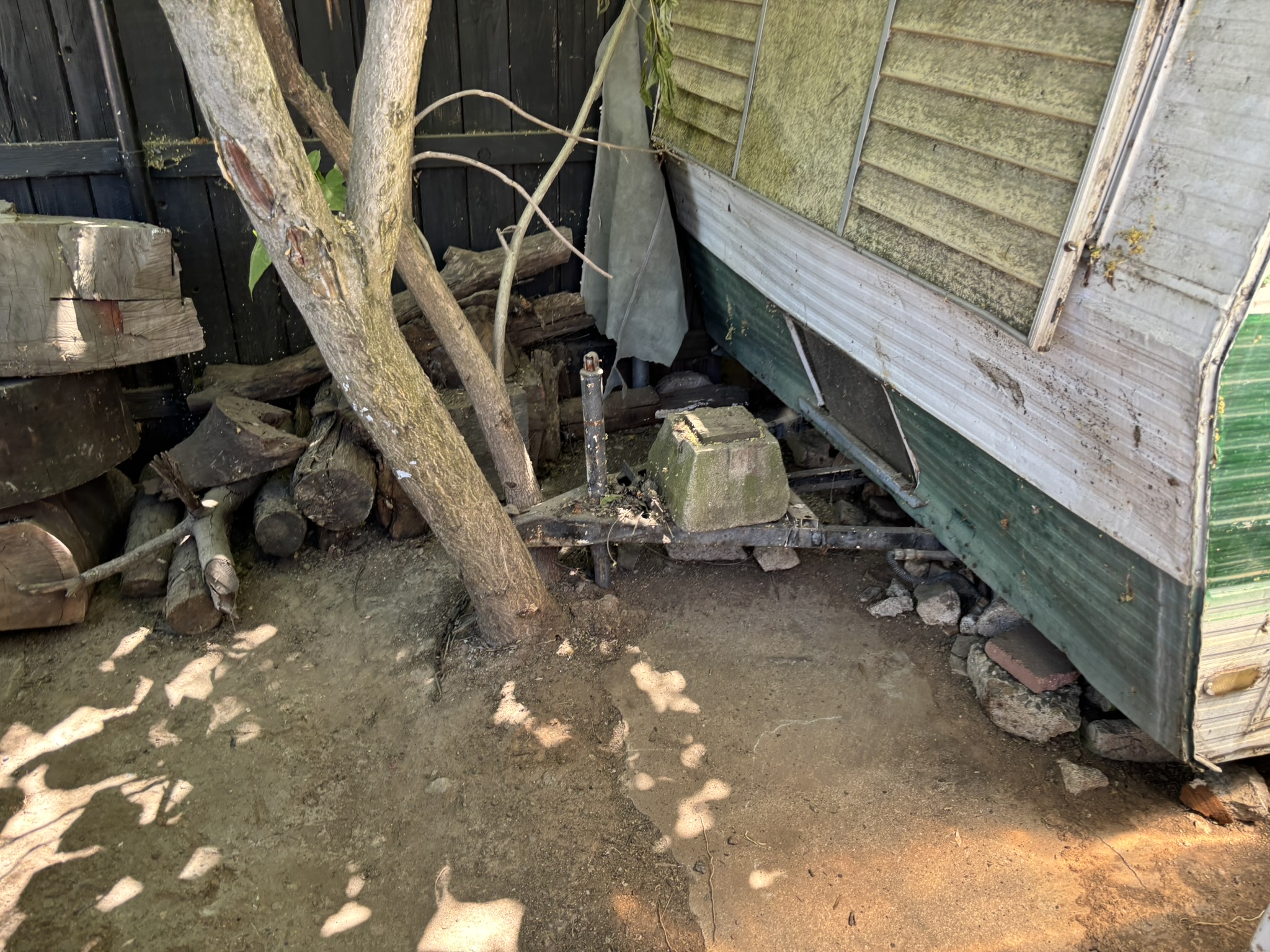 Abandoned trailer with logs and tree growing through it — property cleanup